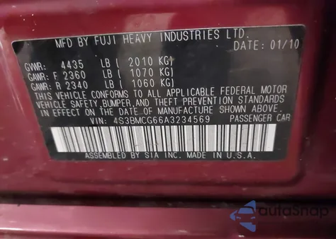 2010 Subaru Legacy 2.5I Premium from USA, damaged, VIN 4S3BMCG66A3234569